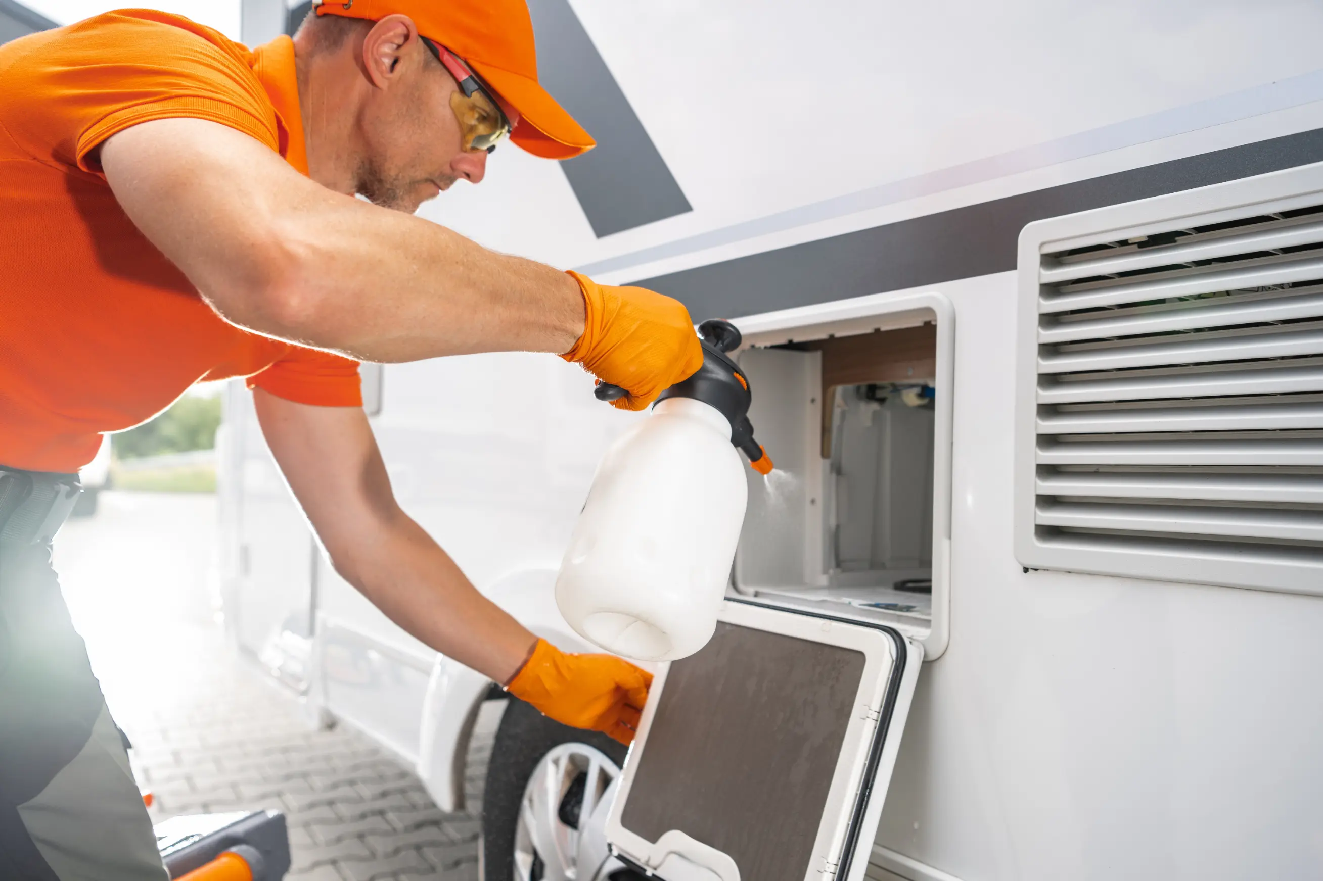 Septic technician cleaning tank at home in Rupert, Idaho.